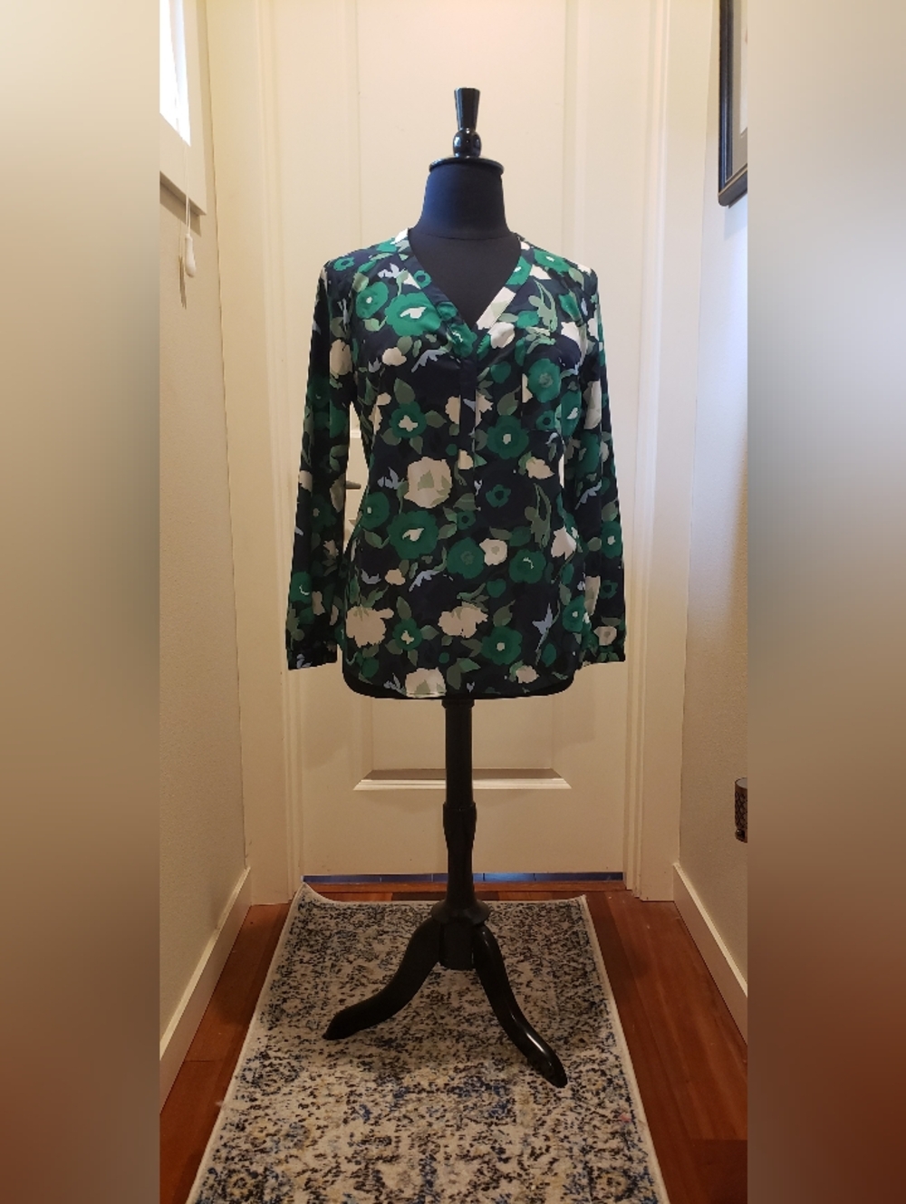 Merona V-Neck Floral Blouse in Green & Navy